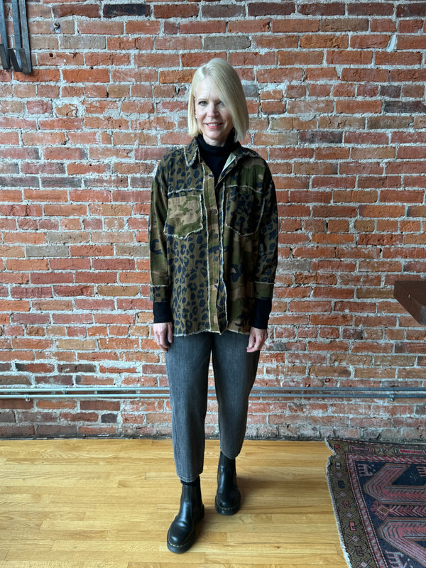 I Love Linen Leopard Print Shacket With Burning Heart Patchwork Print