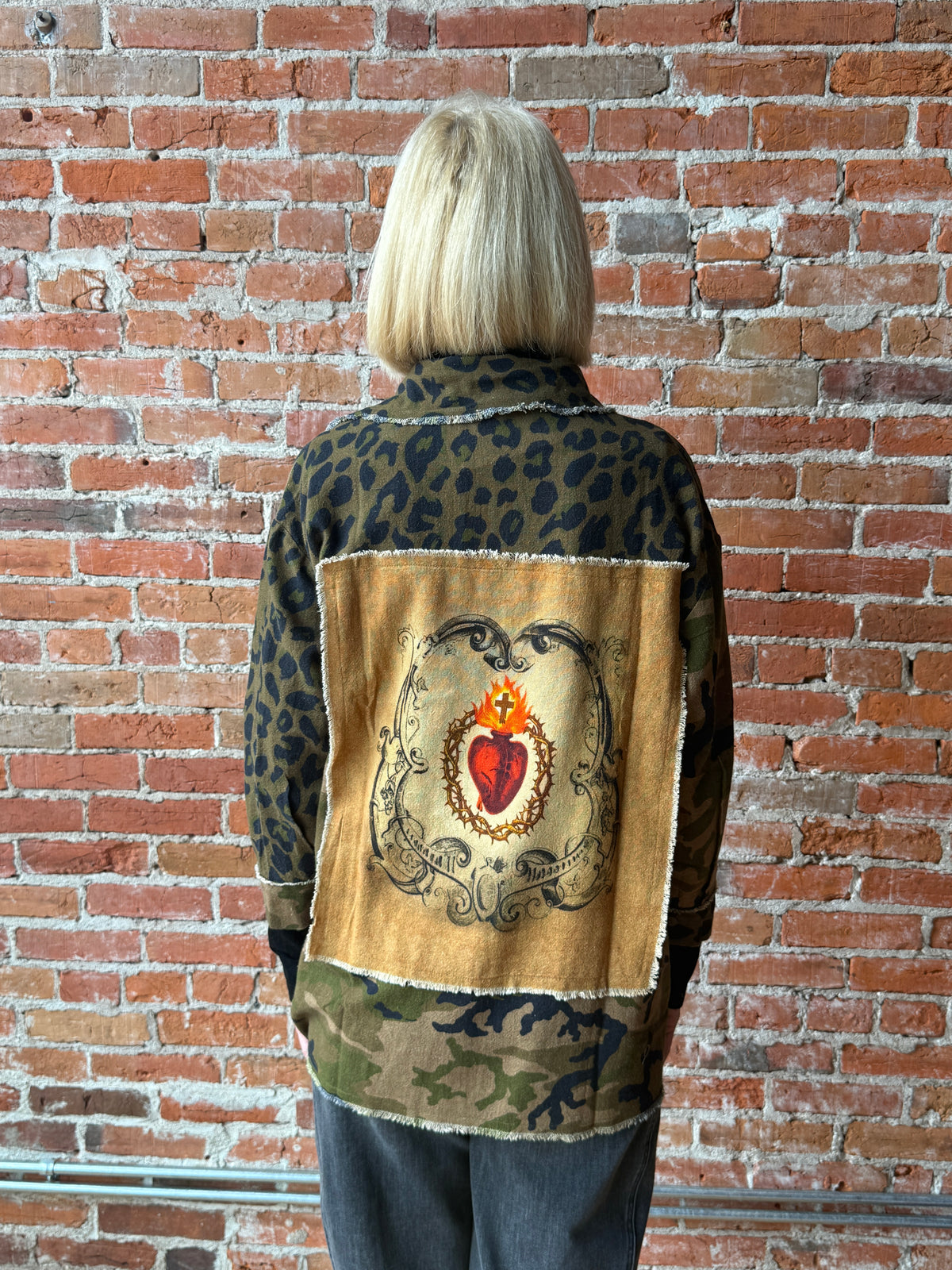 I Love Linen Leopard Print Shacket With Burning Heart Patchwork Print
