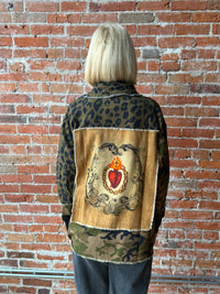 I Love Linen Leopard Print Shacket With Burning Heart Patchwork Print