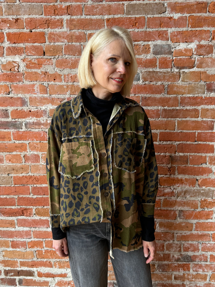 I Love Linen Leopard Print Shacket With Burning Heart Patchwork Print