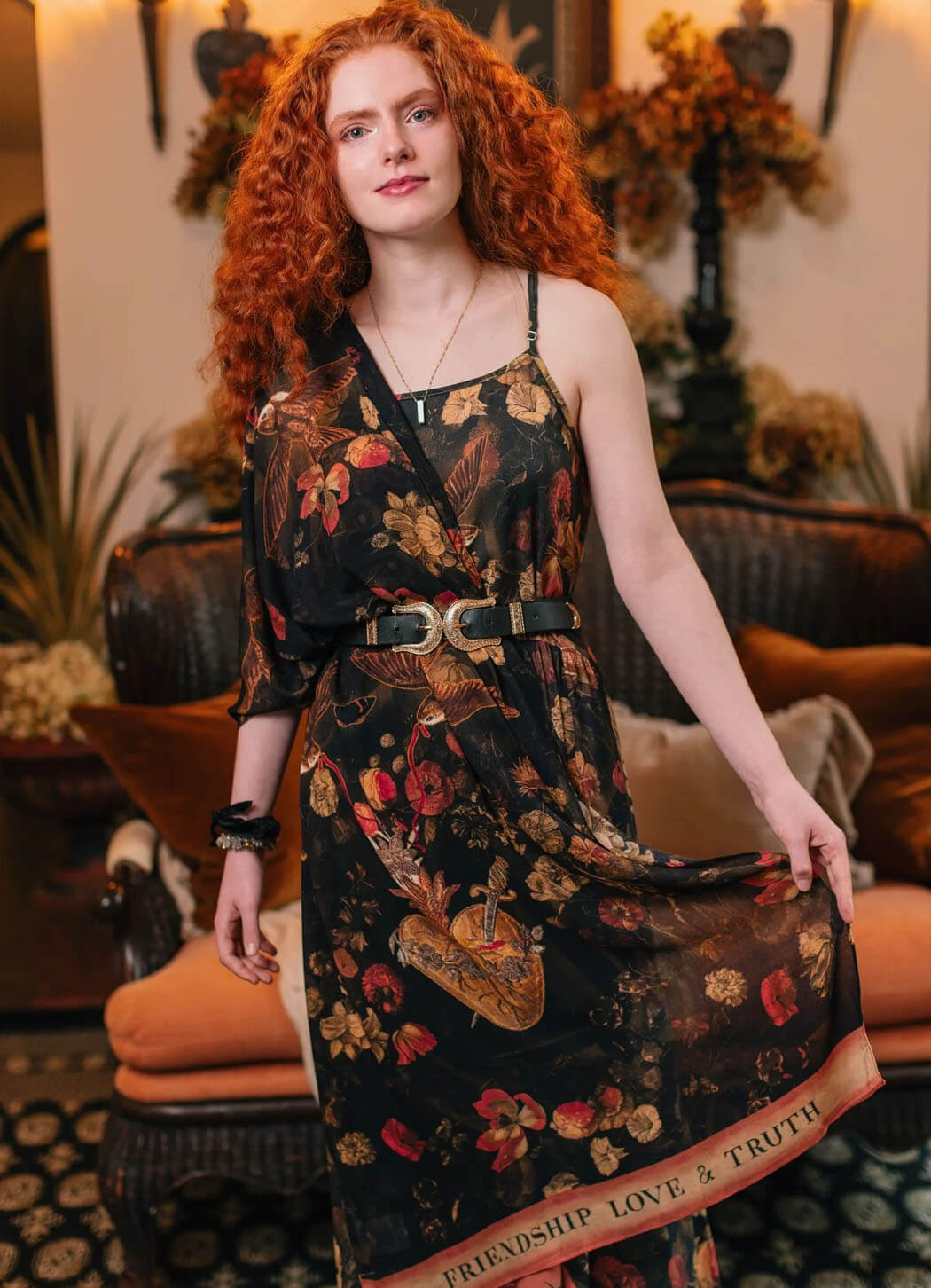 Market of Stars Heart of Gold Scarf With Swallows & Scared Heart