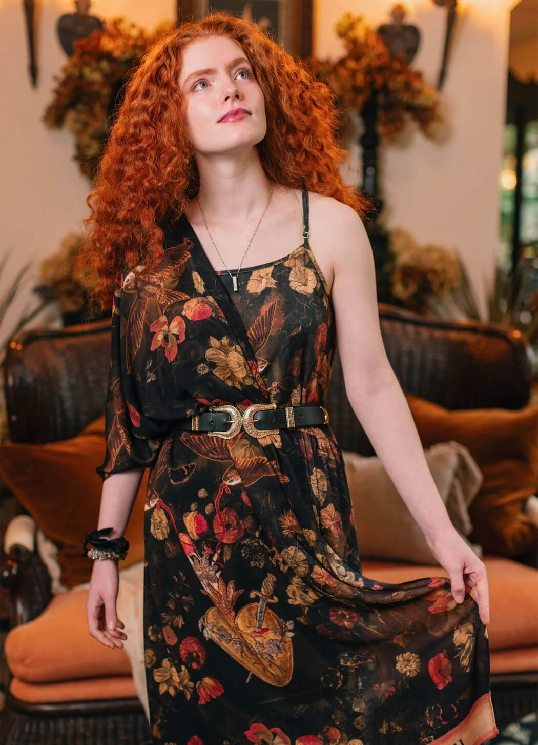 Market of Stars Heart of Gold Scarf With Swallows & Scared Heart