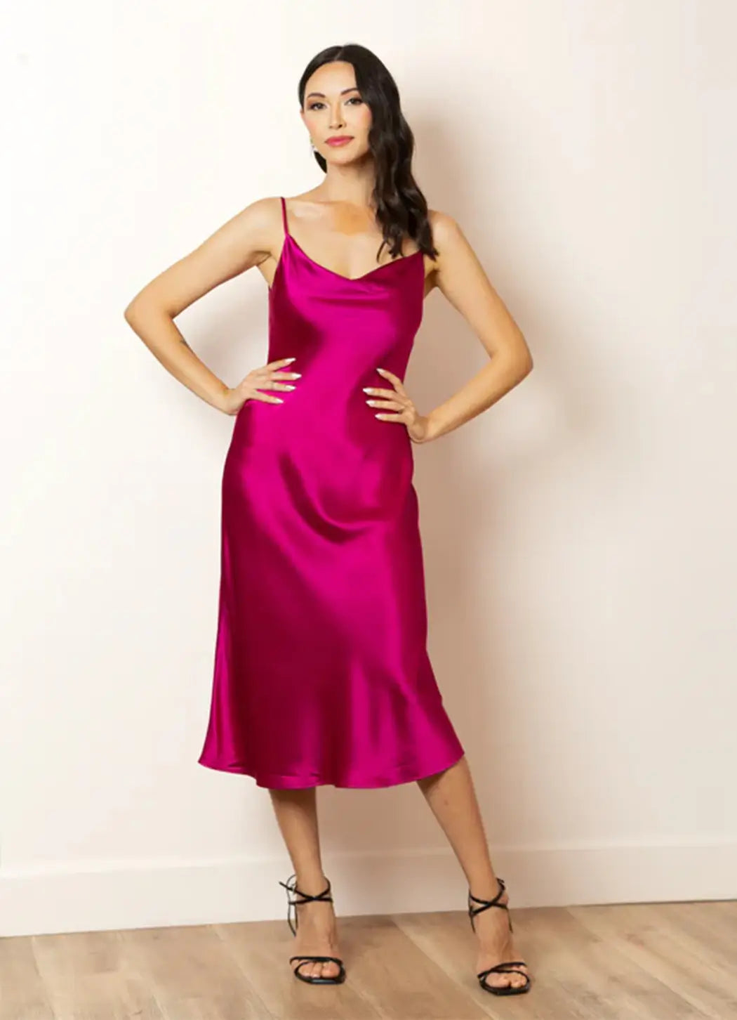 Jessie Liu Satin Cowl Neck Dress-Fuchsia