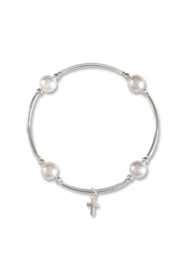 Blessing Bracelet Sterling Silver with Cross Charm in White Pearl 8mm Beads