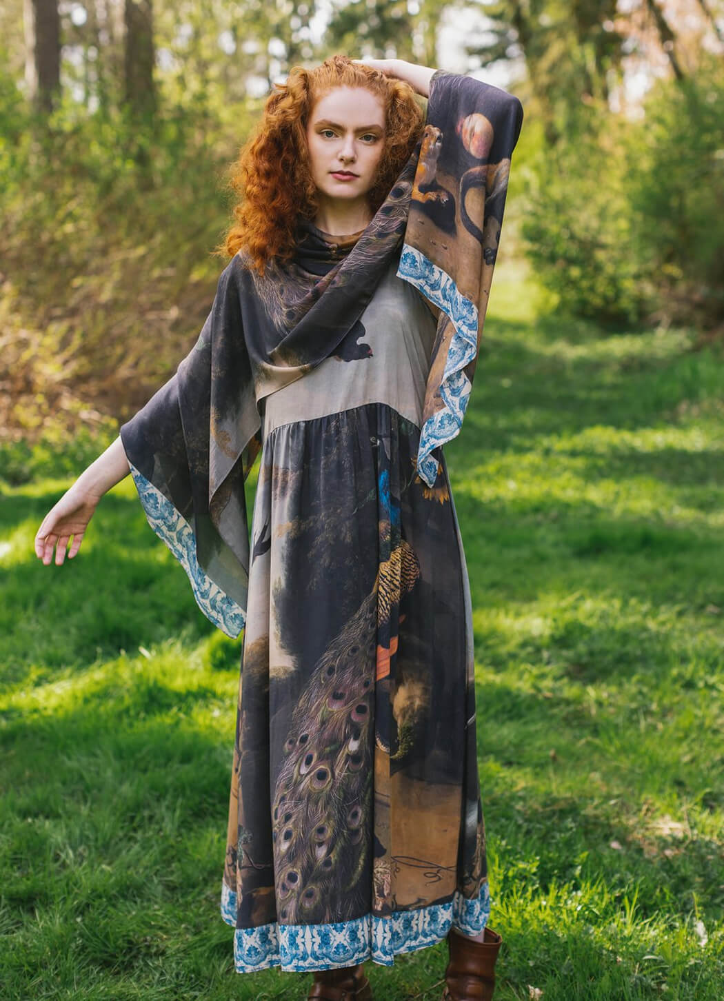 Market of Stars Wild Beauty Peacock Print Bohemian Bamboo Slip Dress