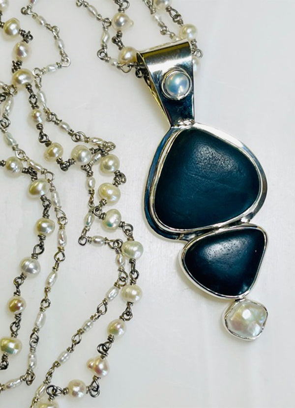 Echo of The Dreamer Medium Black River Rock with Two Strand Pearl and Sterling Silver Necklace