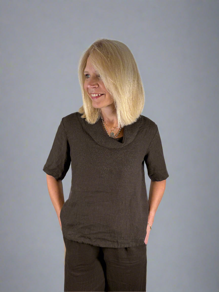 Suzy D Salamanca Cowl Neck Hi lo Linen Tee