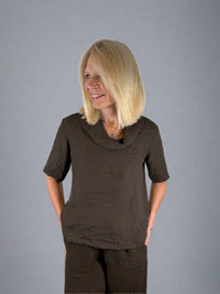 Suzy D Salamanca Cowl Neck Hi lo Linen Tee