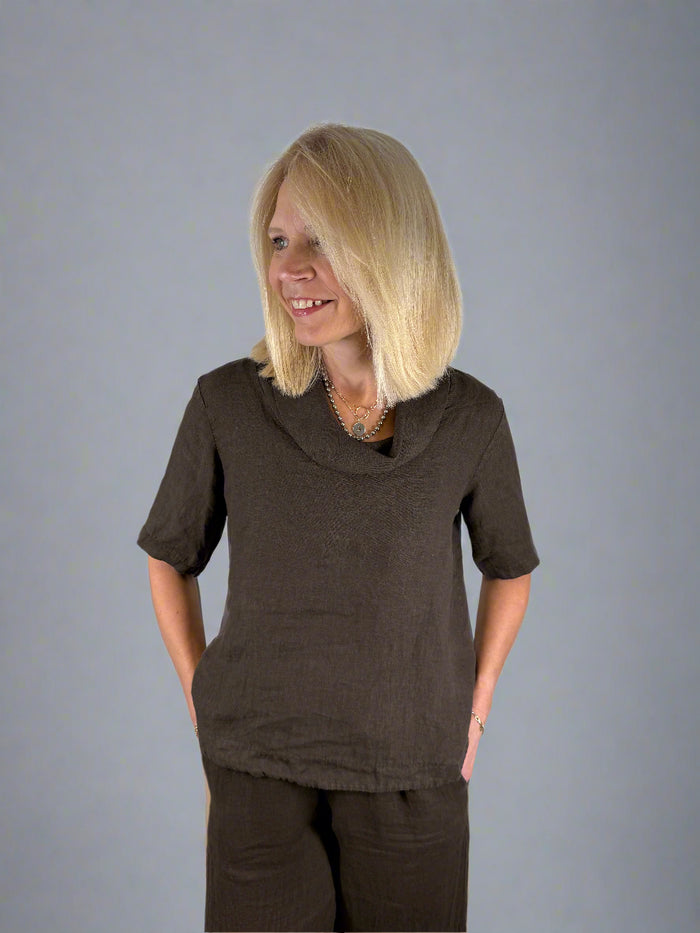 Suzy D Salamanca Cowl Neck Hi lo Linen Tee