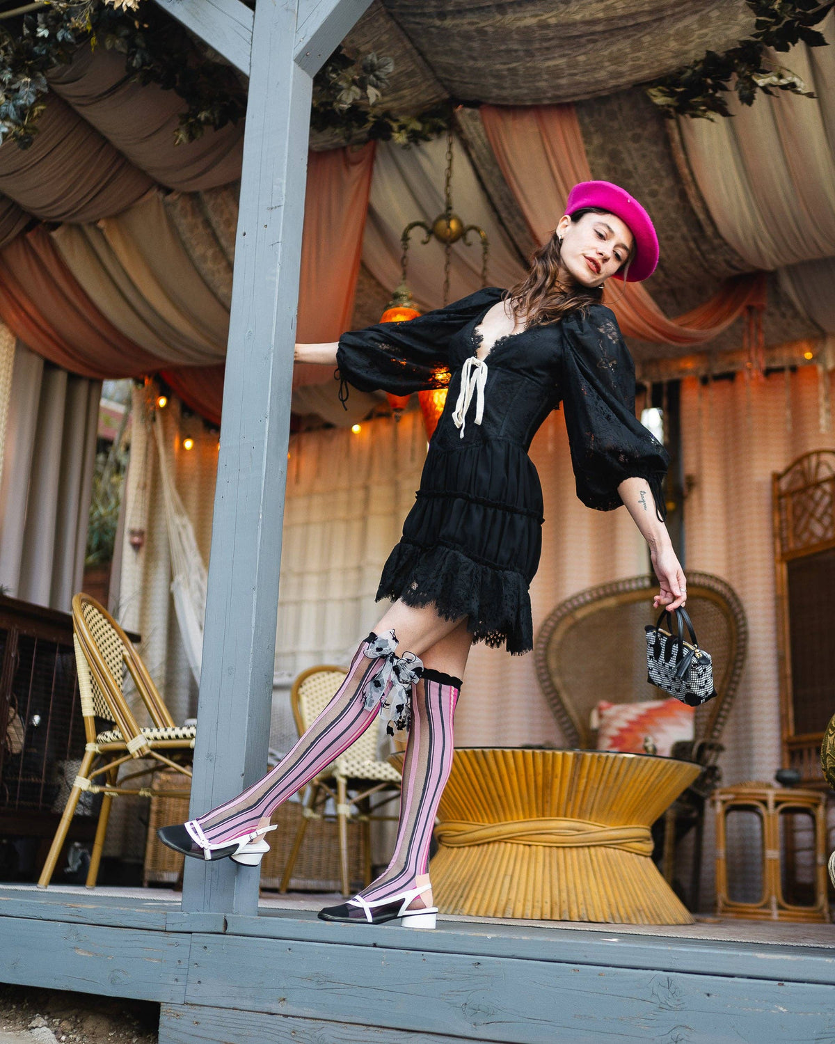 Sock Candy - Parisian Stripe Bow Black Sheer Knee High Sock