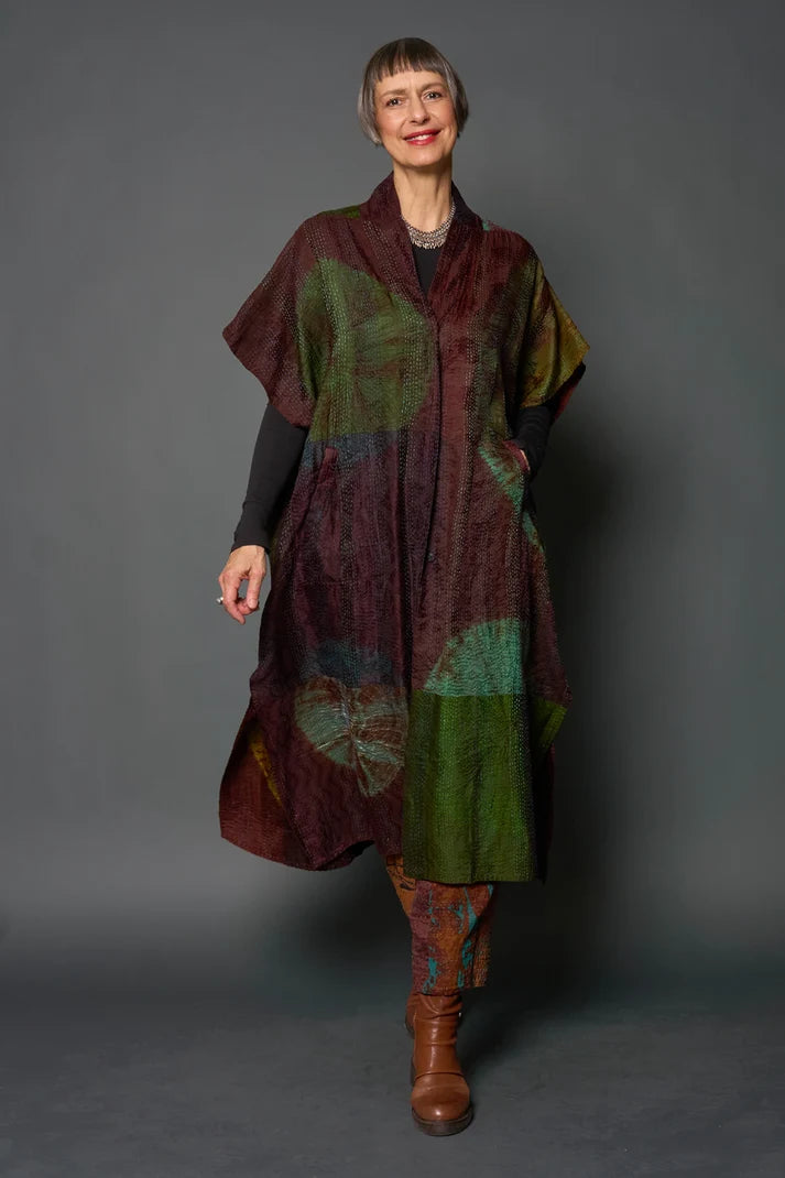 Mieko Mintz Jacquard Silk Patch Tie Dye Circle Shibori Kantha Poncho Dress