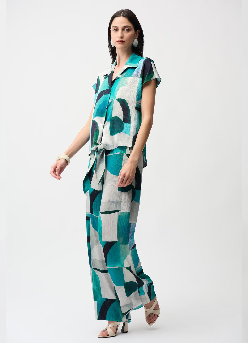 Joseph Ribkoff Abstract Short-Sleeve Shirt With Front Ties