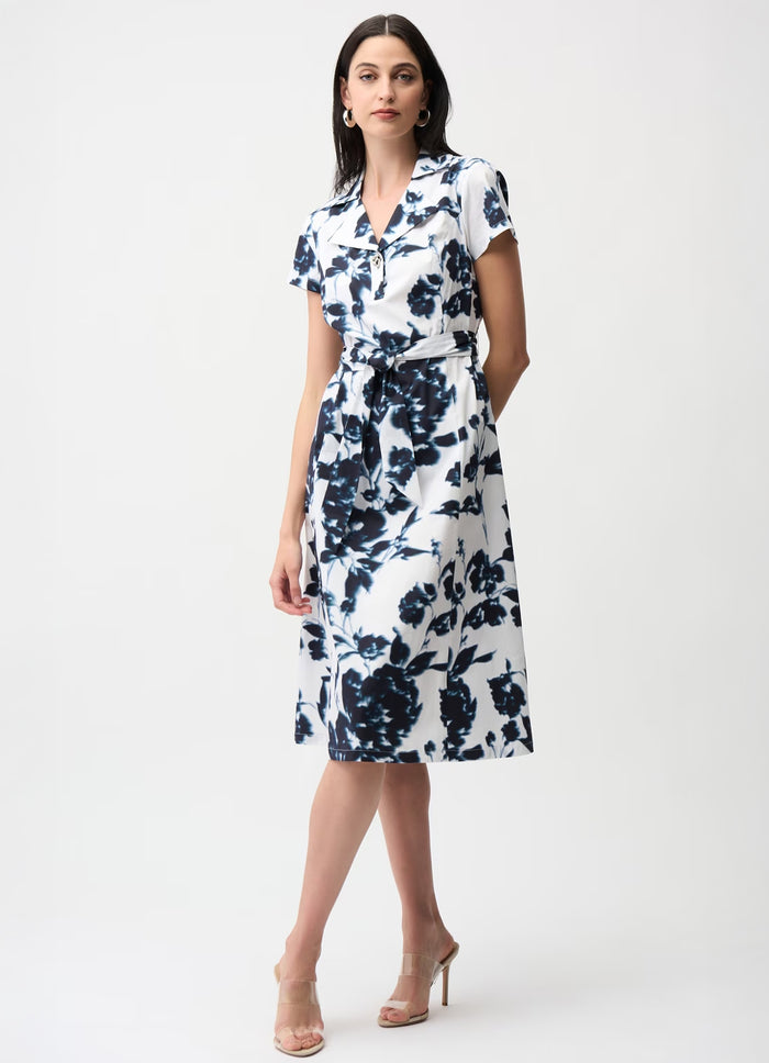 Joseph Ribkoff Stretch Cotton Floral Print Fit And Flare Shirt Dress 261147 | Vanilla/Midnight Blue / 6 Joseph Ribkoff Stretch Cotton Floral Print Fit And Flare Shirt Dress 261147 | Vanilla/Midnight Blue / 6