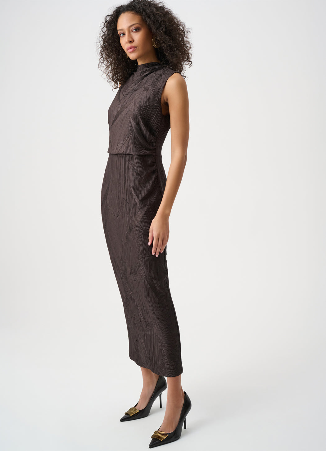Joseph Ribkoff Pleated Satin Sleeveless Midi Dress