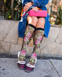 Sock Candy - English Rose Black Sheer Knee High Sock
