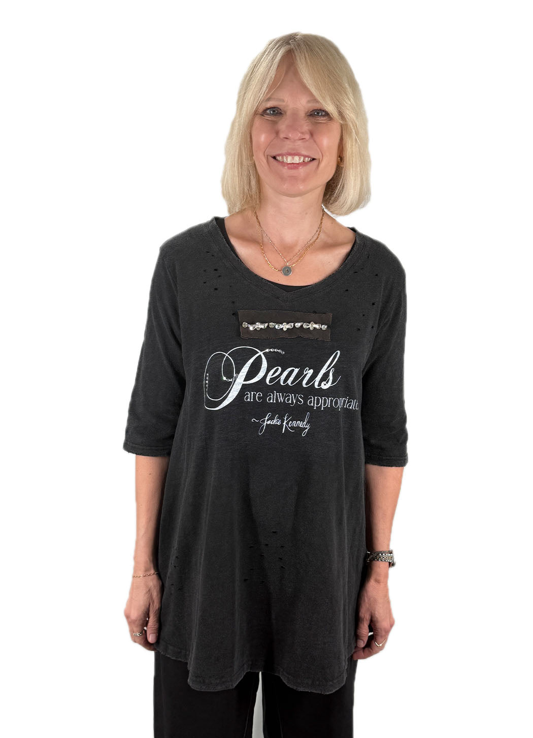 A Rare Bird Pearls Always Appropriate Tattered 3/4 Tee