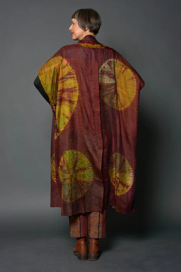 Mieko Mintz Jacquard Silk Patch Tie Dye Circle Shibori Kantha Poncho Dress