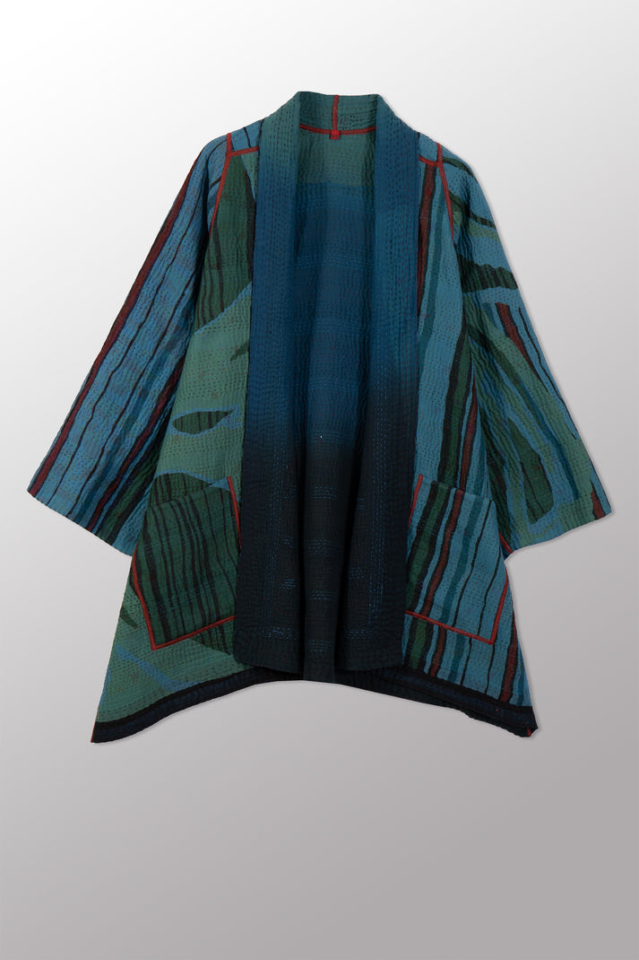 Mieko Mintz Overdyed Stripe & Bends Kantha A-Line Jacket