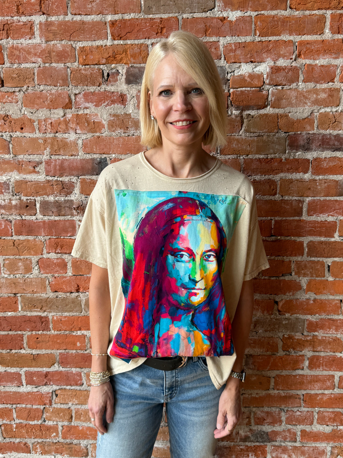 I Love Linen Abstract Mona Lisa Oversized Patchwork Tee