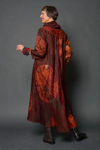 Mieko Mintz Jacquard Silk Tie Dye Circle Shibori Kantha Cowl Neck Long Sleeve Dress
