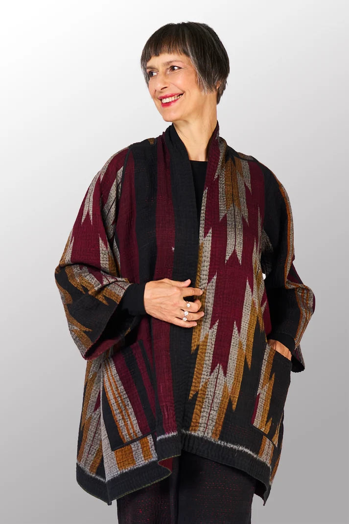 Mieko Mintz Woven Handloom Ikat Ombre Kantha A-Line Jacket