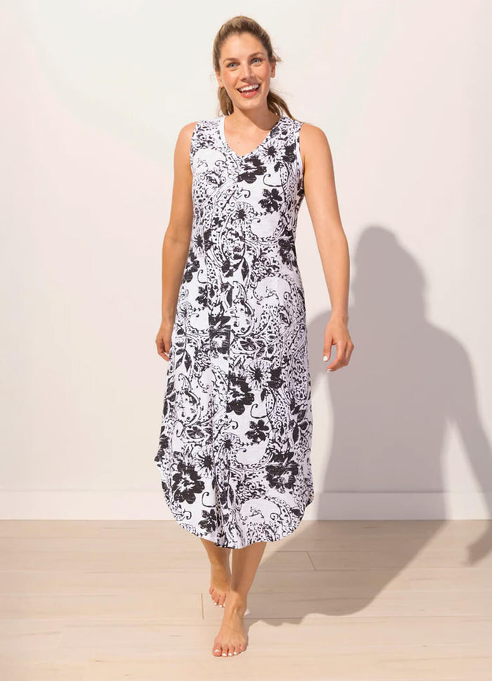 Escape Paisley Cotton Slub Sleeveless Seamed Dress