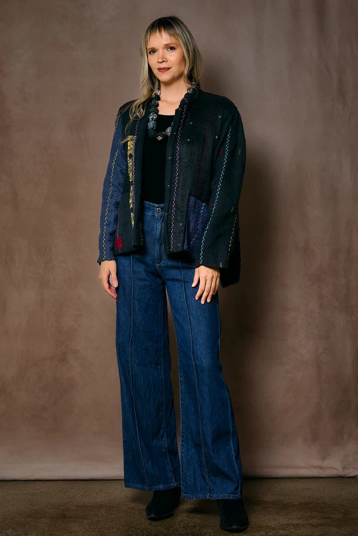 Mieko Mintz Jewel Woven w/ Vertical Patch Kantha Kaftan Jacket Short