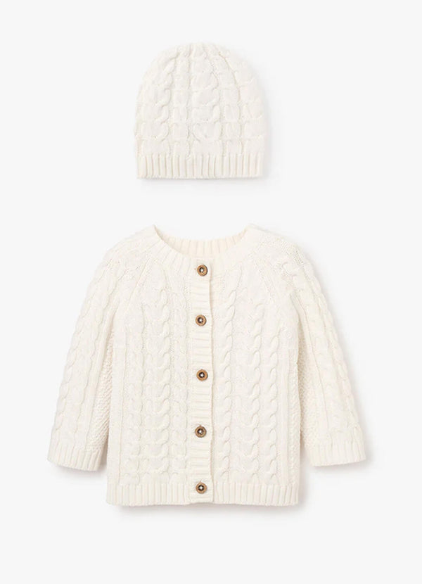 Elegant Baby Whisper White Horseshoe Cable Knit Cardigan & Hat Baby Boxed Gift Set