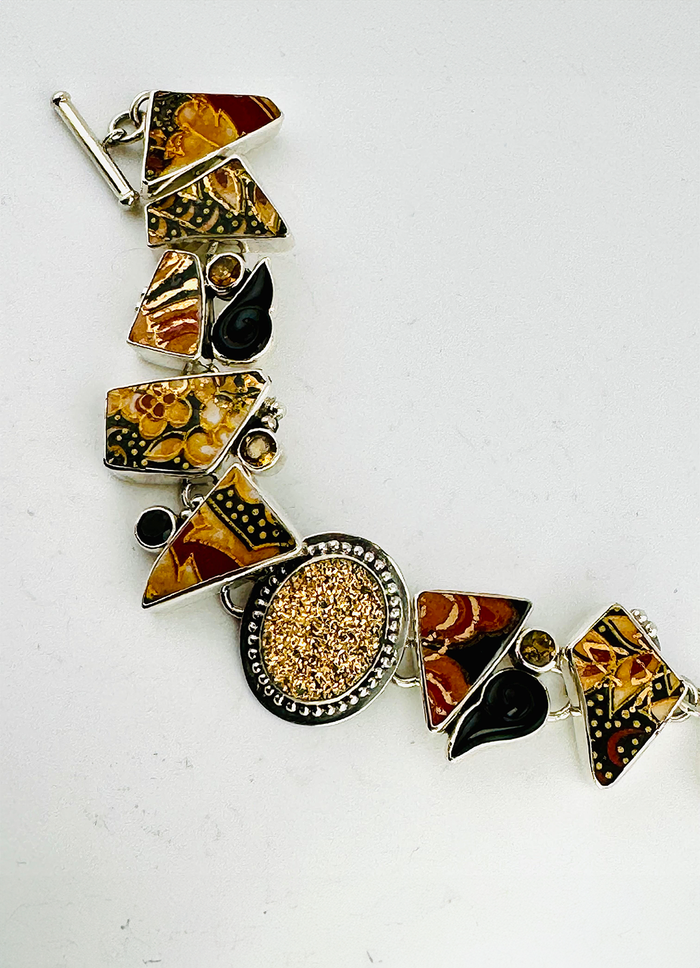 Echo of The Dreamer Vintage Japanese Porcelain Onyx Swoosh Citrine Bracelet