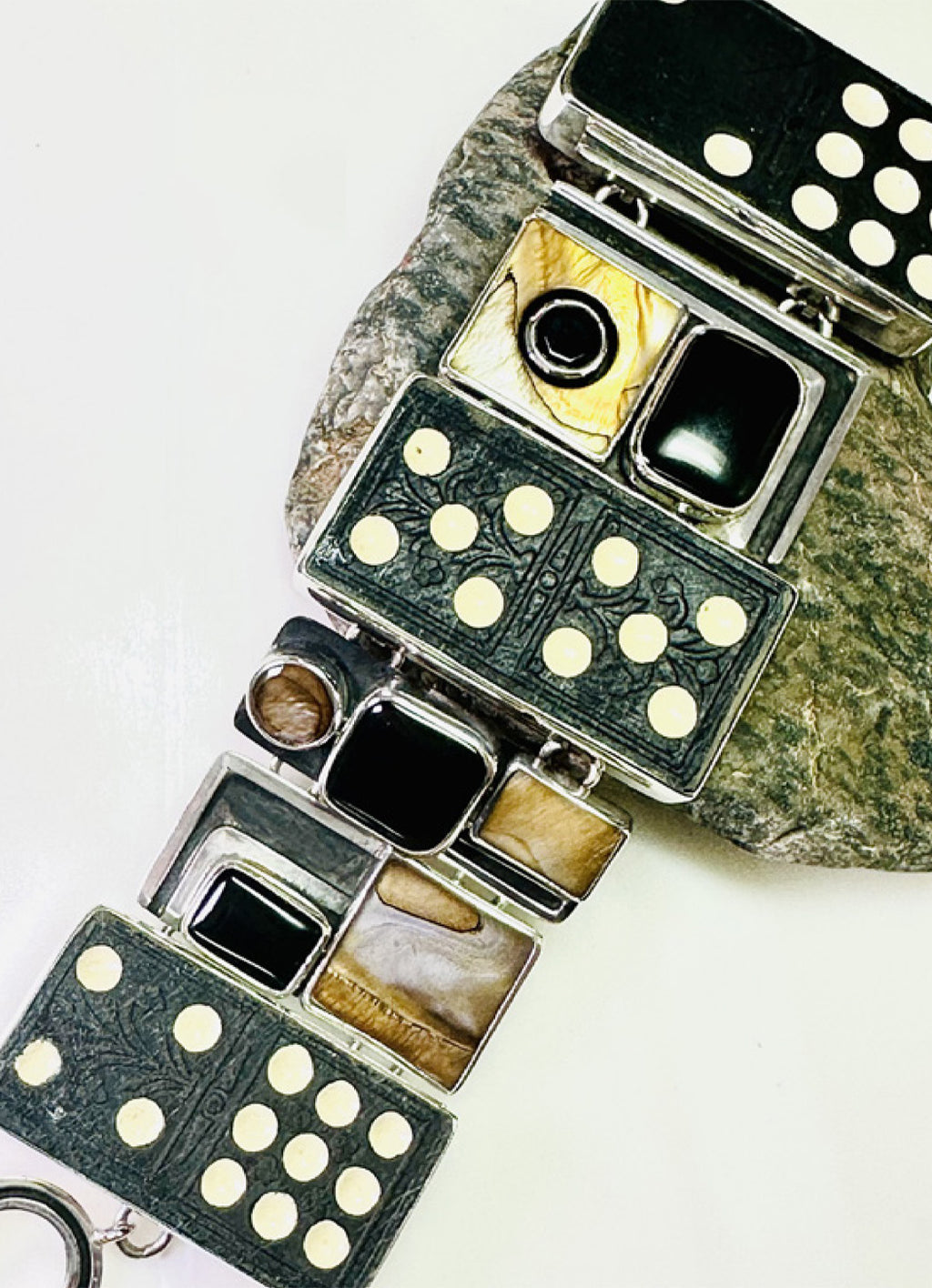 Echo of The Dreamer Large Vintage White Domino Mother of Pearl Onyx Bracelet