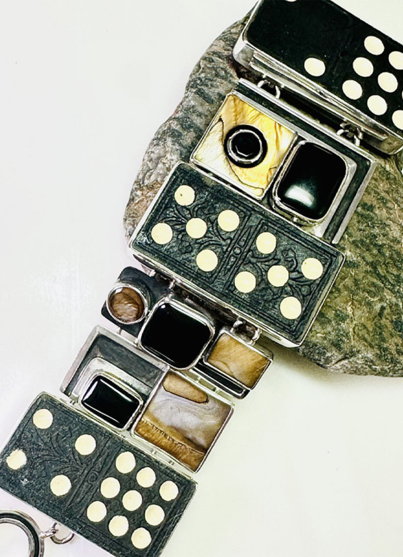 Echo of The Dreamer Large Vintage White Domino Mother of Pearl Onyx Bracelet