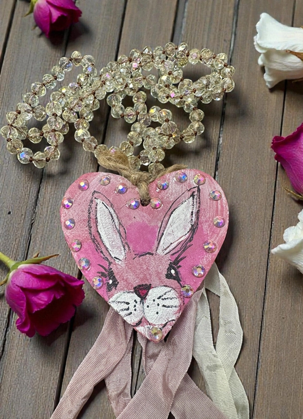 A Rare Bird Hand Painted Bunny Wooden Heart