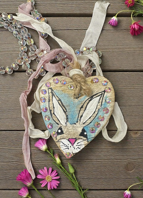 A Rare Bird Hand Painted Bunny Wooden Heart