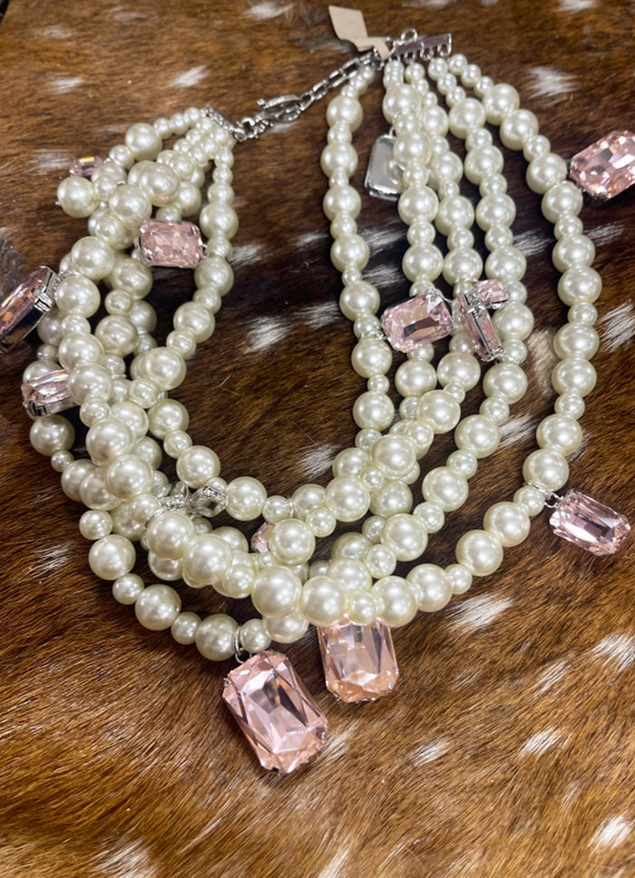 A Rare Bird 5 Strand Pearl Crystal Necklace