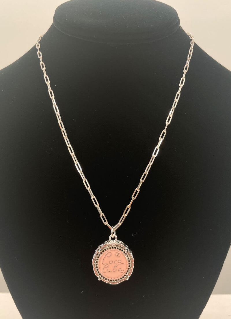 Julie Kreamer Vintage Coco Cuba Button Necklace on Paperclip Chain - Pink