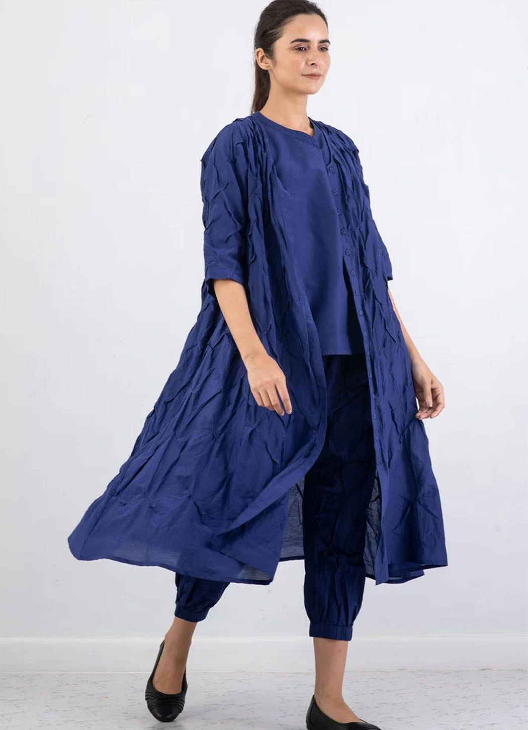Mieko Mintz Dyed Cotton Silk Voile Wavy Tuck A Line Dress