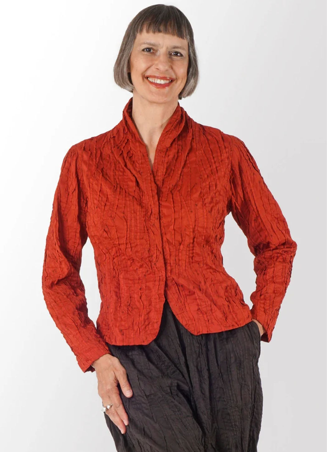 Mieko Mintz Cotton Silk Heavy Voile Random Tuck High Neck Blouse