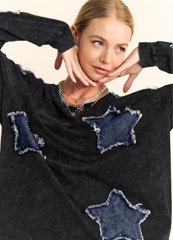 Davi & Dani Washed Denim Star Patch Tee