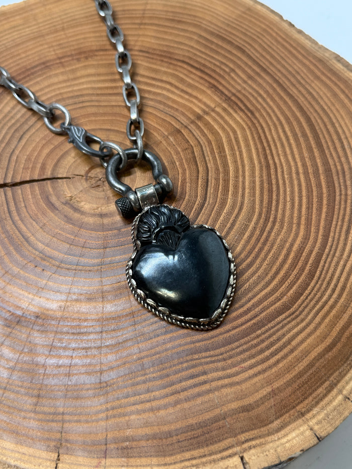 Belle Via Jewelry Black Onyx Sacred Heart on Metal Carabiner Necklace
