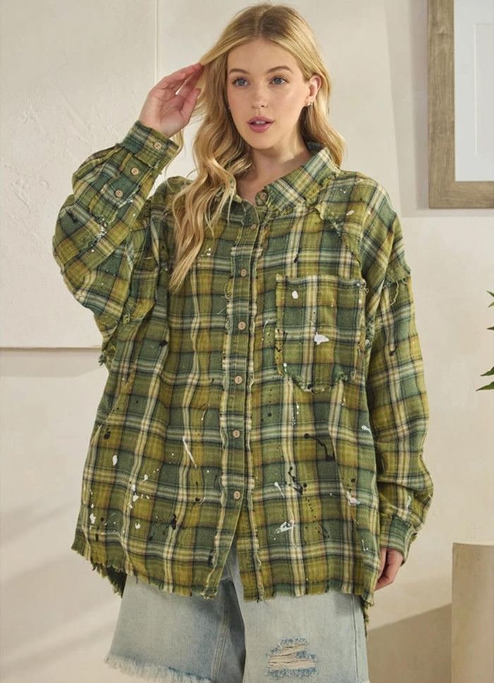 Oli & Hali Washed Plaid Button Front Shirt