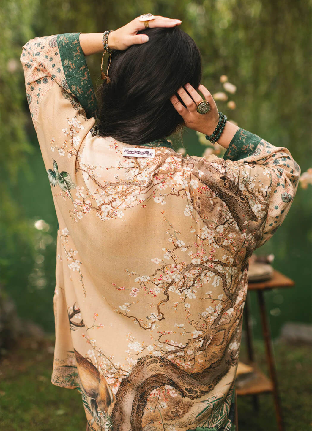 Market of Stars Fable Matinee Mid-Length Duster bamboo Kimono with Deer and Moon