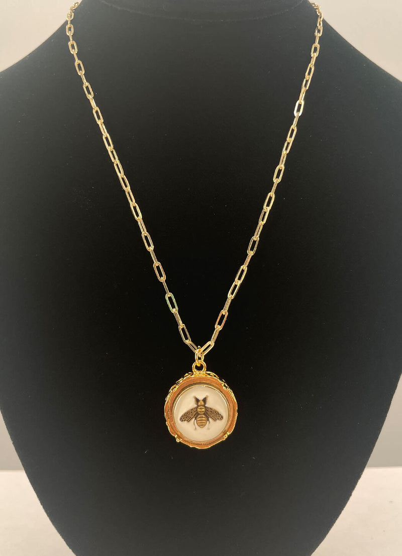 Julie Kreamer Vintage Button Bee Necklace on Paperclip Chain