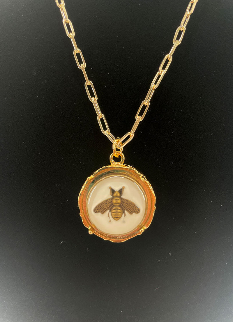Julie Kreamer Vintage Button Bee Necklace on Paperclip Chain