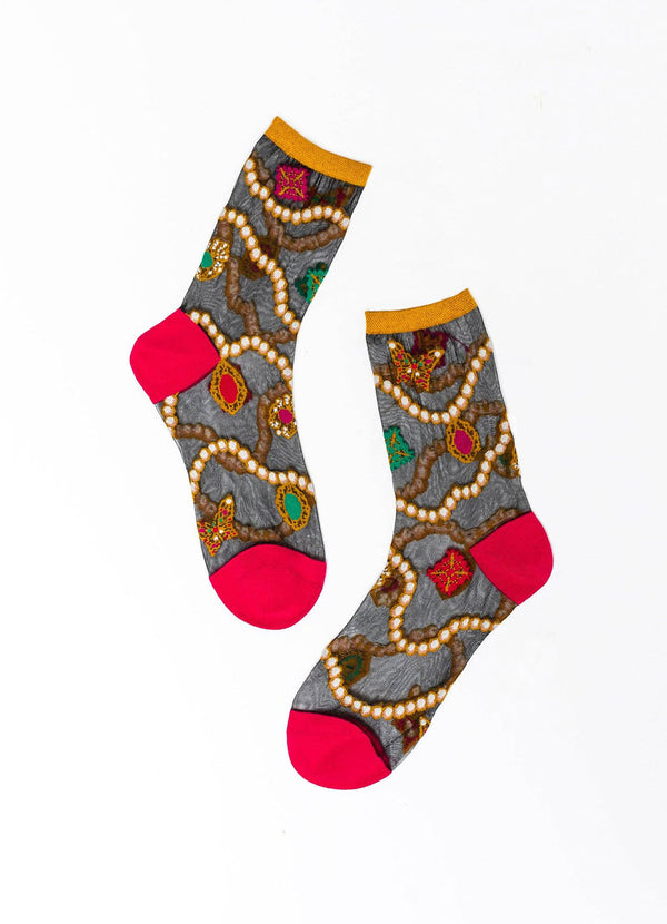Sock Candy Pearls & Jewels Black Sheer Ankle Sock