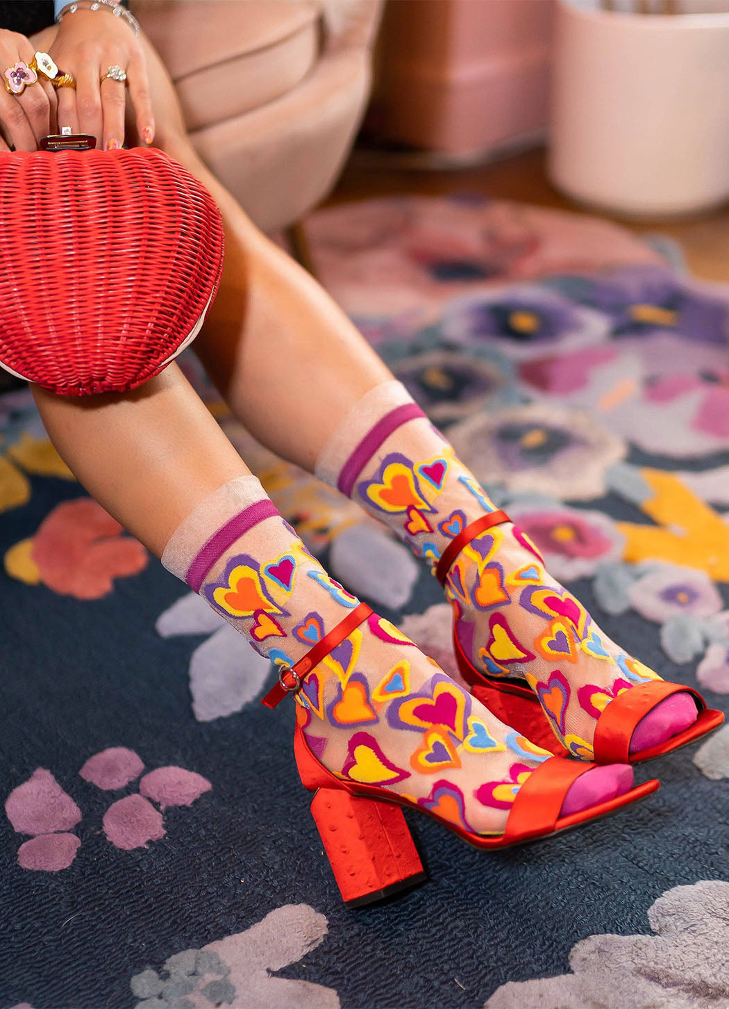 Sock Candy Y2K Hearts Ruffle Sheer Crew Sock