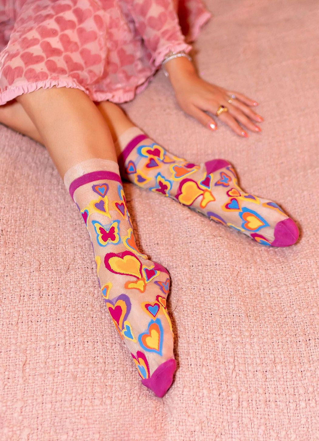 Sock Candy Y2K Hearts Ruffle Sheer Crew Sock