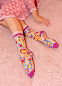 Sock Candy Y2K Hearts Ruffle Sheer Crew Sock