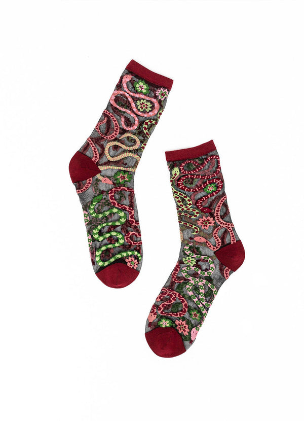 Sock Candy Serpentine Floral Black Sheer Crew Sock
