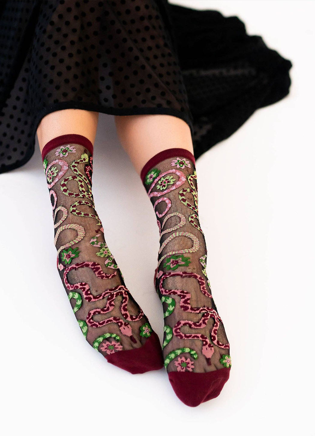 Sock Candy Serpentine Floral Black Sheer Crew Sock
