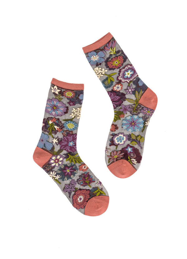 Sock Candy Dark Florals Black Sheer Crew Sock